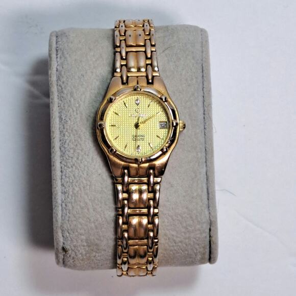 Vintage Lady Elgin Diamond Quartz Watch Gold Tone Metal Round Face Analog 7.5" - Picture 1 of 7